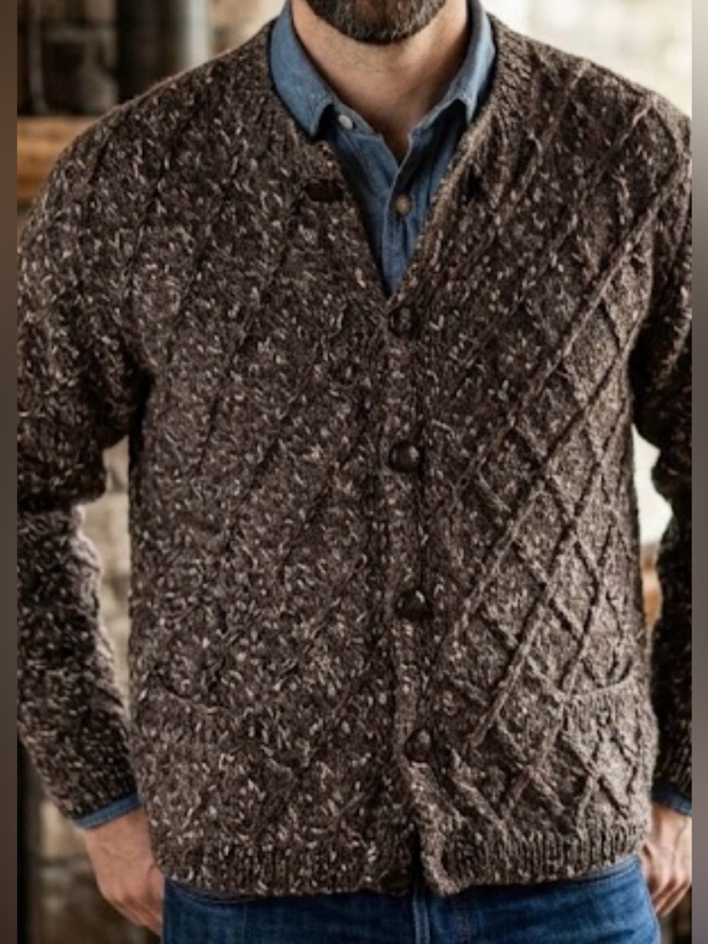 Hand Knit Textured Raised Argyle Pattern Wool Buttoned Cardigan